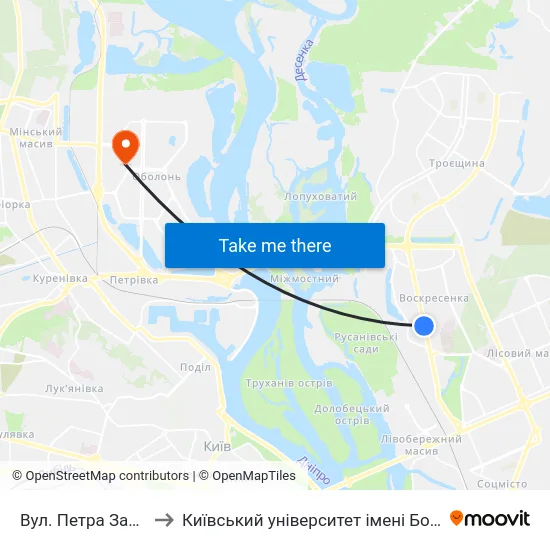 Вул. Петра Запорожця to Київський університет імені Бориса Грінченка map