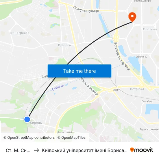 Ст. М. Сирець to Київський університет імені Бориса Грінченка map