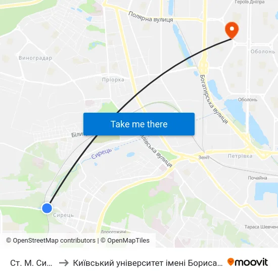 Ст. М. Сирець to Київський університет імені Бориса Грінченка map