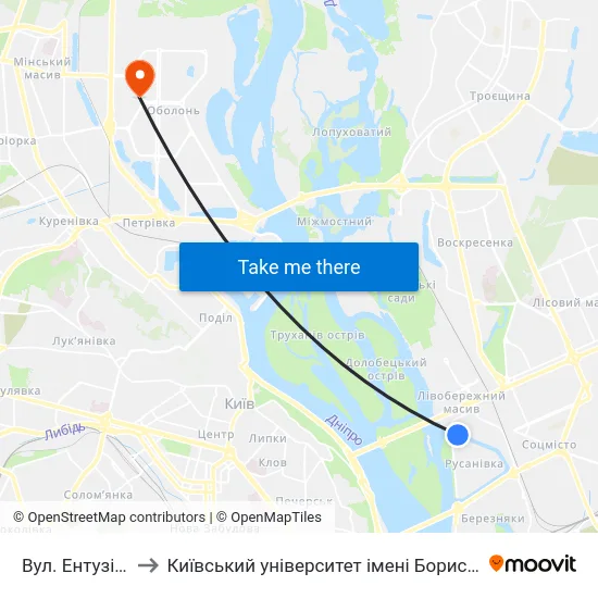 Вул. Ентузіастів to Київський університет імені Бориса Грінченка map