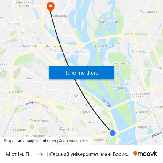 Міст Ім. Патона to Київський університет імені Бориса Грінченка map