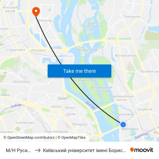 М/Н Русанівка to Київський університет імені Бориса Грінченка map