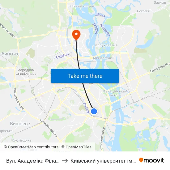 Вул. Академіка Філатова (На Вимогу) to Київський університет імені Бориса Грінченка map