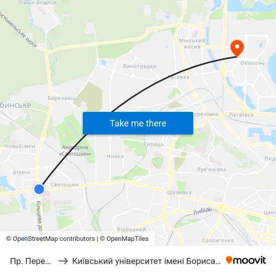 Пр. Перемоги to Київський університет імені Бориса Грінченка map