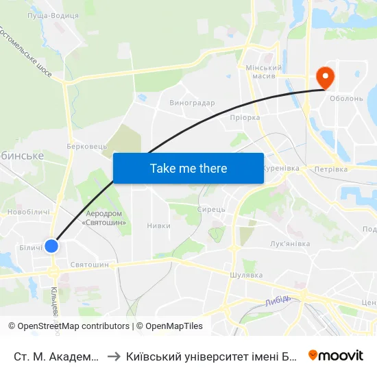 Ст. М. Академмістечко to Київський університет імені Бориса Грінченка map
