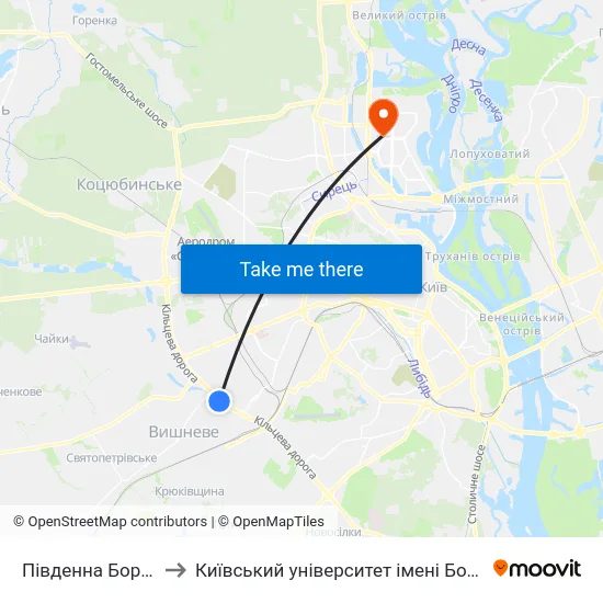 Південна Борщагівка to Київський університет імені Бориса Грінченка map