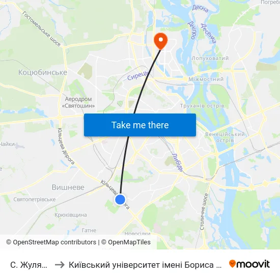 С. Жуляни-1 to Київський університет імені Бориса Грінченка map