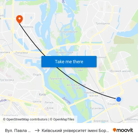 Вул. Павла Усенка to Київський університет імені Бориса Грінченка map