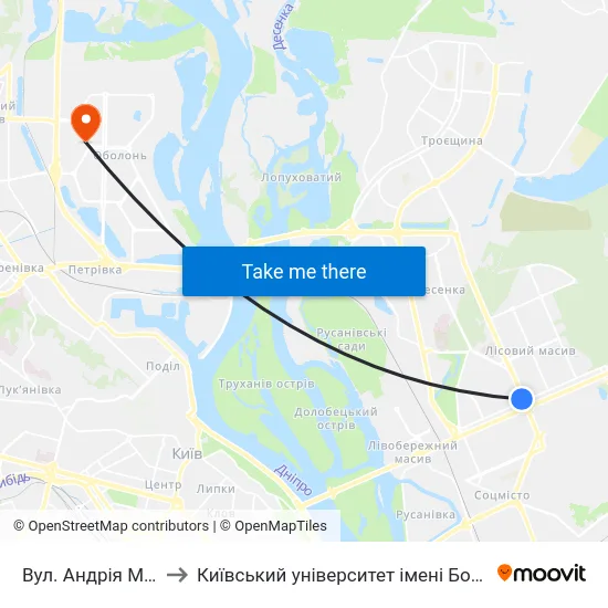 Вул. Андрія Малишка to Київський університет імені Бориса Грінченка map