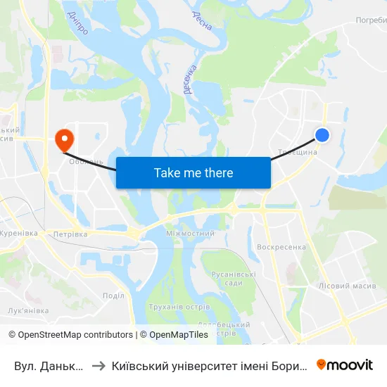 Вул. Данькевича to Київський університет імені Бориса Грінченка map