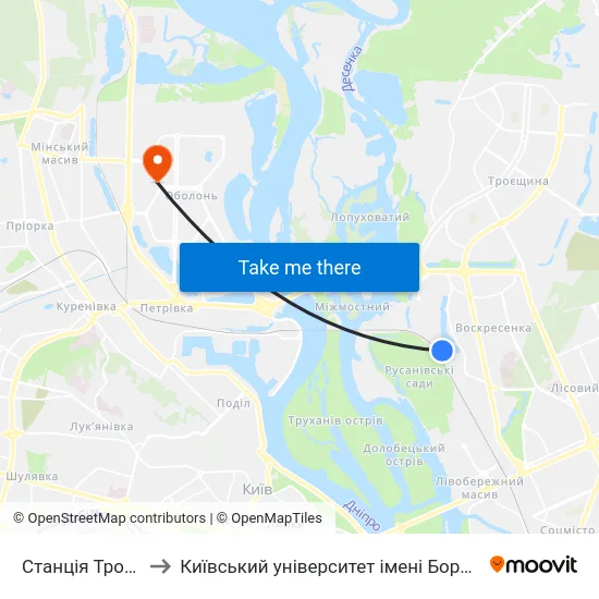 Станція Троєщина to Київський університет імені Бориса Грінченка map