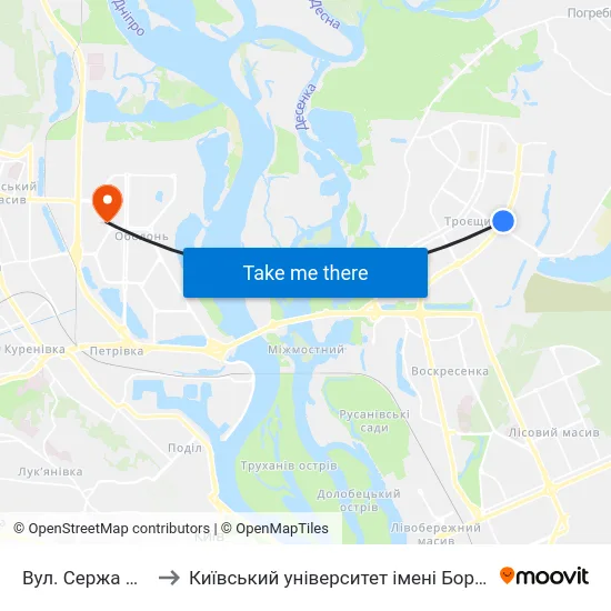 Вул. Сержа Лифаря to Київський університет імені Бориса Грінченка map
