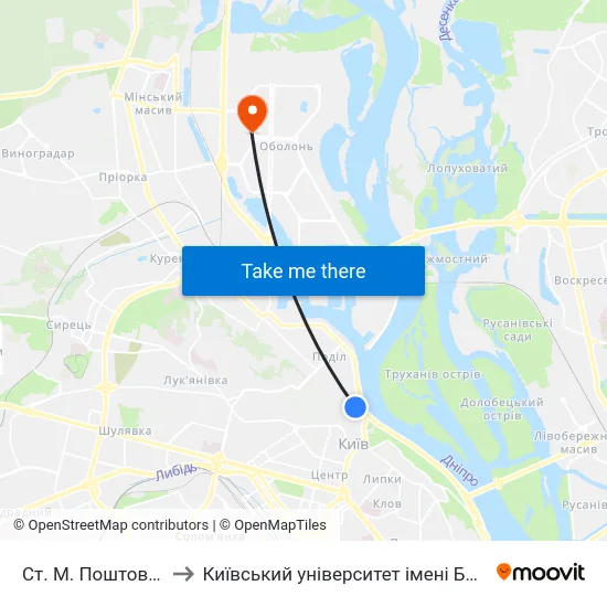 Ст. М. Поштова Площа to Київський університет імені Бориса Грінченка map