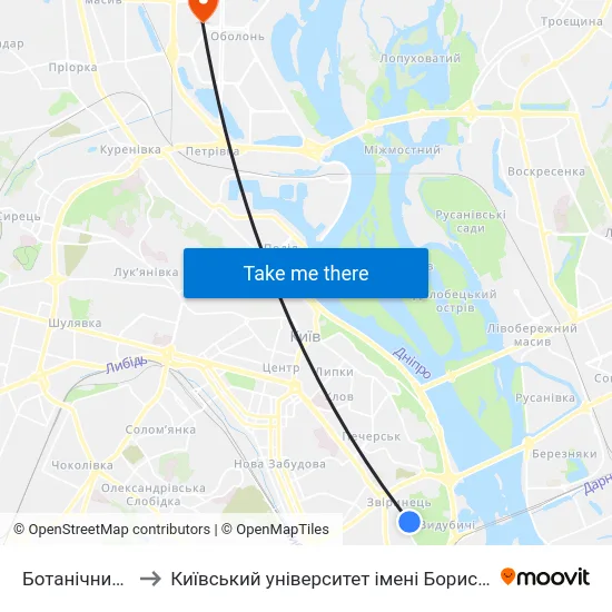 Ботанічний Сад to Київський університет імені Бориса Грінченка map