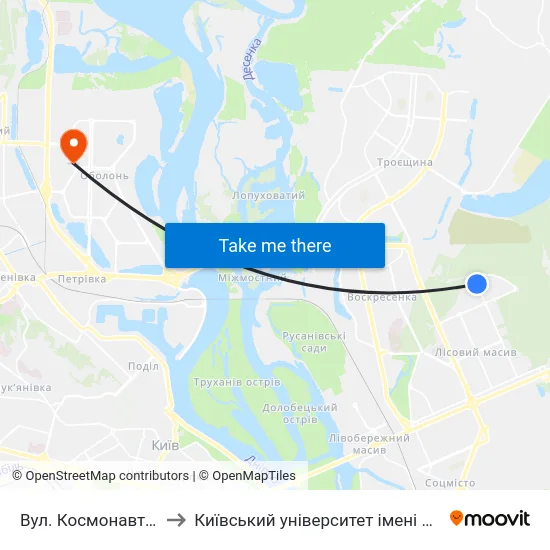 Вул. Космонавта Волкова to Київський університет імені Бориса Грінченка map