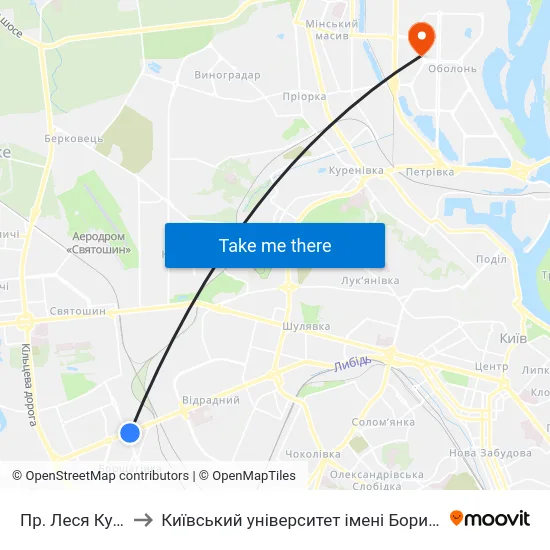 Пр. Леся Курбаса to Київський університет імені Бориса Грінченка map