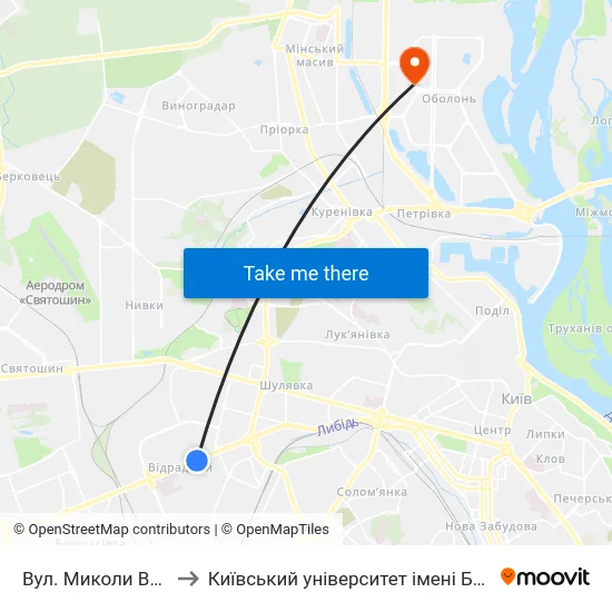 Вул. Миколи Василенка to Київський університет імені Бориса Грінченка map