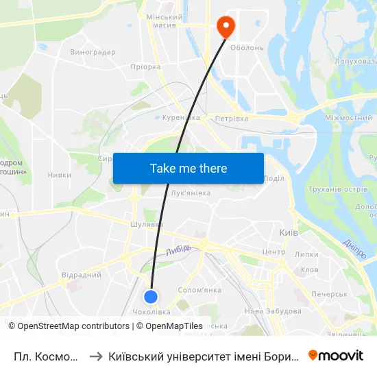 Пл. Космонавтів to Київський університет імені Бориса Грінченка map