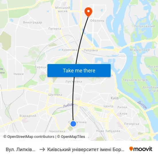 Вул. Липківського to Київський університет імені Бориса Грінченка map