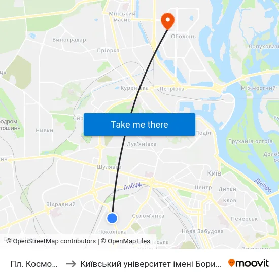 Пл. Космонавтів to Київський університет імені Бориса Грінченка map