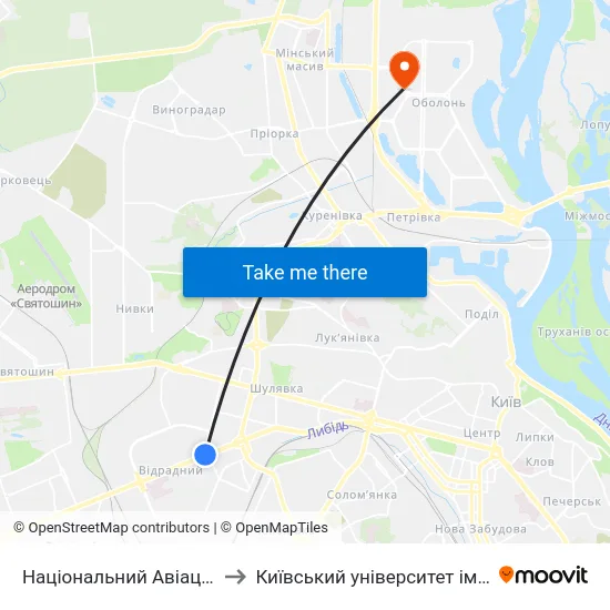 Національний Авіаційний Університет to Київський університет імені Бориса Грінченка map