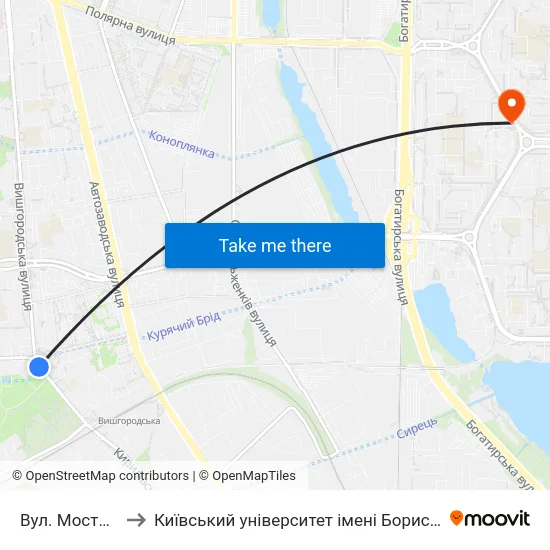 Вул. Мостицька to Київський університет імені Бориса Грінченка map