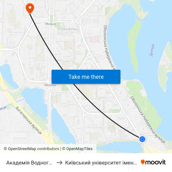 Академія Водного Транспорту to Київський університет імені Бориса Грінченка map