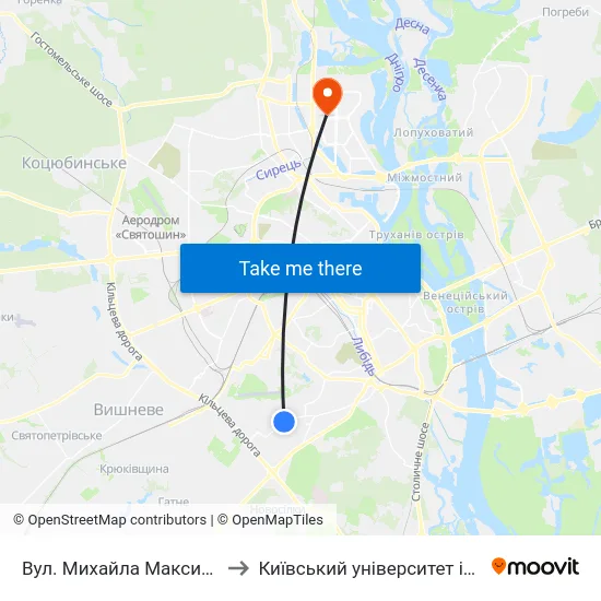 Вул. Михайла Максимовича (На Вимогу) to Київський університет імені Бориса Грінченка map