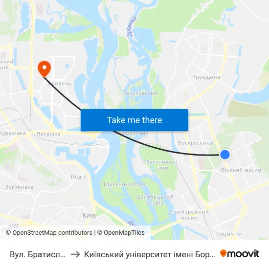 Вул. Братиславська to Київський університет імені Бориса Грінченка map