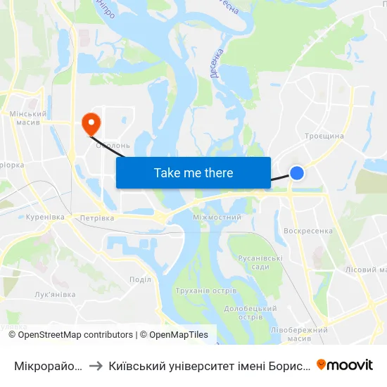 Мікрорайон №1 to Київський університет імені Бориса Грінченка map