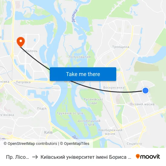 Пр. Лісовий to Київський університет імені Бориса Грінченка map