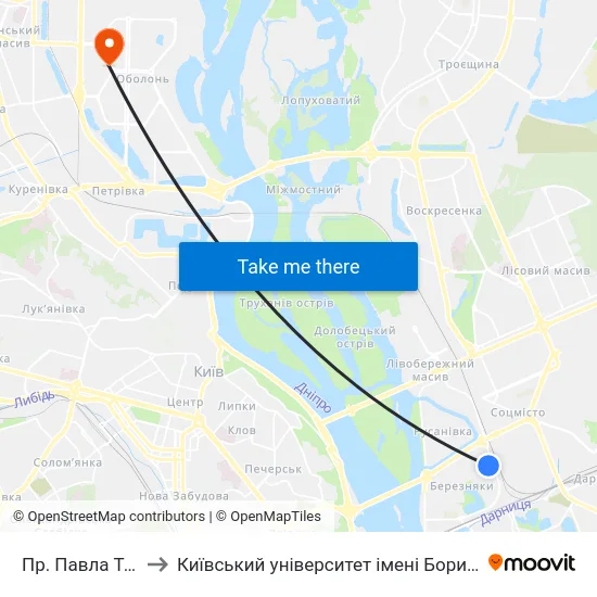 Пр. Павла Тичини to Київський університет імені Бориса Грінченка map