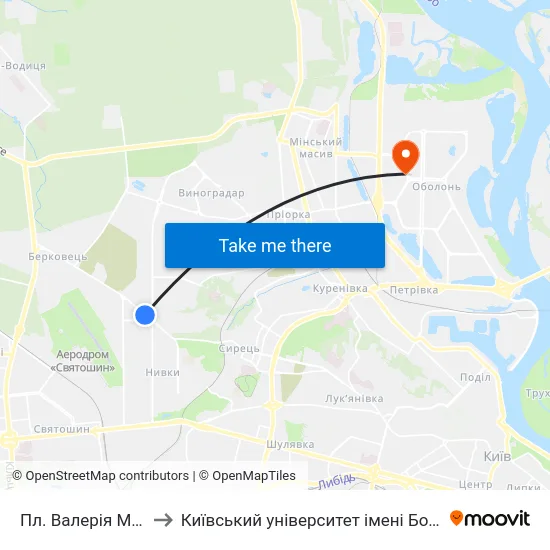 Пл. Валерія Марченка to Київський університет імені Бориса Грінченка map