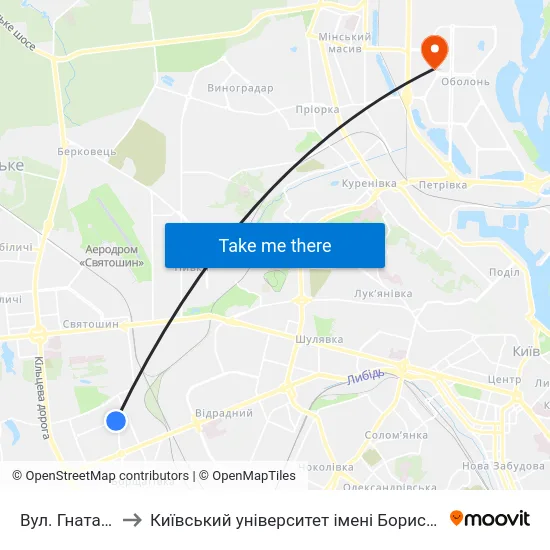Вул. Гната Юри to Київський університет імені Бориса Грінченка map