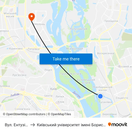 Вул. Ентузіастів to Київський університет імені Бориса Грінченка map