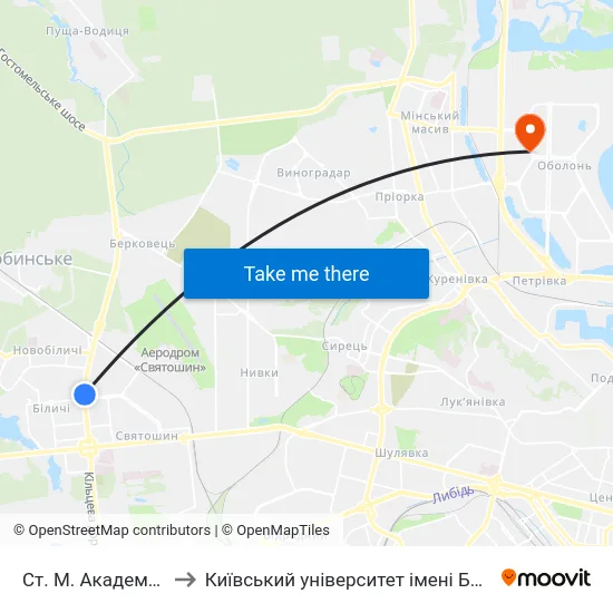 Ст. М. Академмістечко to Київський університет імені Бориса Грінченка map