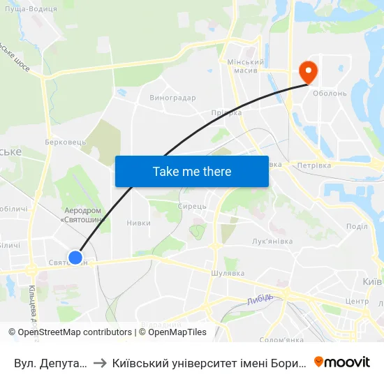 Вул. Депутатська to Київський університет імені Бориса Грінченка map