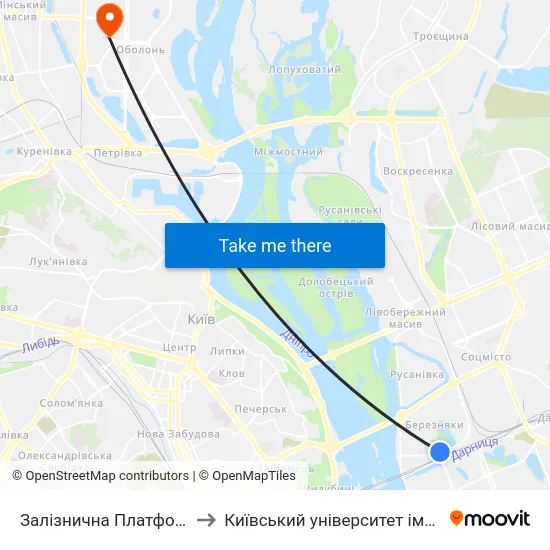 Залізнична Платформа Лівий Берег to Київський університет імені Бориса Грінченка map