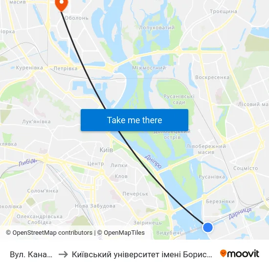 Вул. Канальна to Київський університет імені Бориса Грінченка map