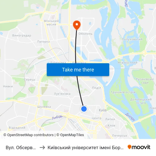 Вул. Обсерваторна to Київський університет імені Бориса Грінченка map