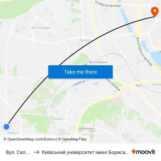 Вул. Салютна to Київський університет імені Бориса Грінченка map