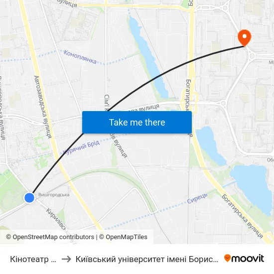 Кінотеатр Кадр to Київський університет імені Бориса Грінченка map