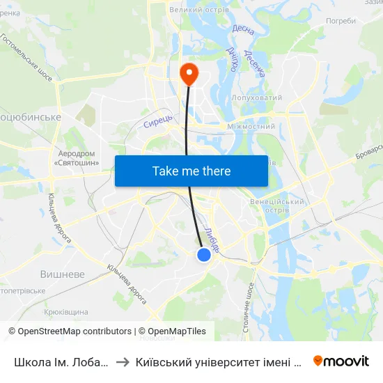 Школа Ім. Лобановського to Київський університет імені Бориса Грінченка map
