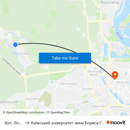 Вул. Лісова to Київський університет імені Бориса Грінченка map