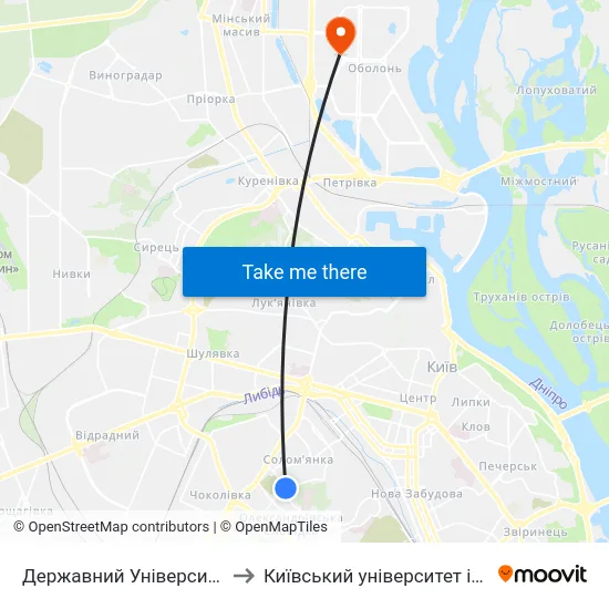 Державний Університет Телекомунікацій to Київський університет імені Бориса Грінченка map