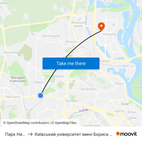 Парк Нивки to Київський університет імені Бориса Грінченка map