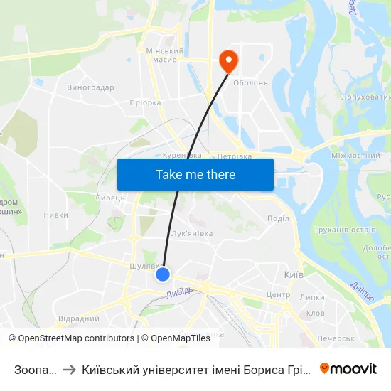 Зоопарк to Київський університет імені Бориса Грінченка map