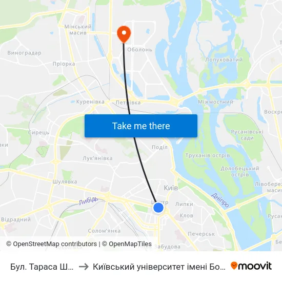 Бул. Тараса Шевченка to Київський університет імені Бориса Грінченка map