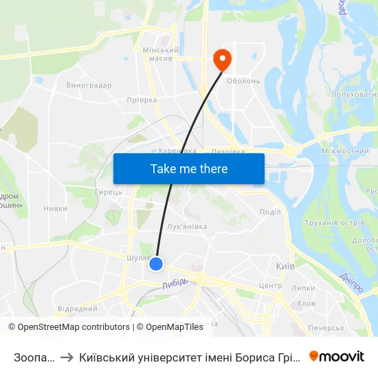 Зоопарк to Київський університет імені Бориса Грінченка map
