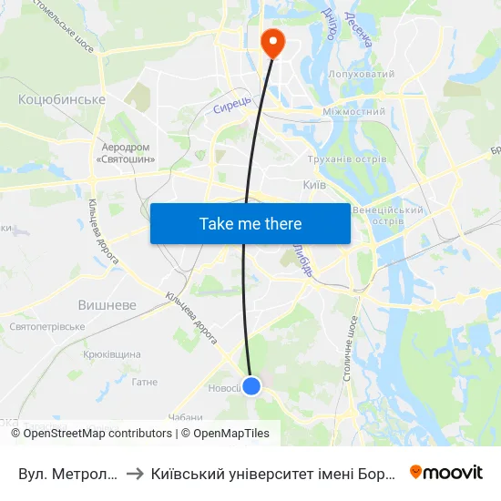 Вул. Метрологічна to Київський університет імені Бориса Грінченка map